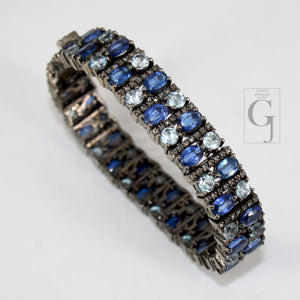 Antique Look Kyanite Bluetopaz Bracelet Jewelry Rosecut Pave Diamond Bracelet 925 Sterling Silver Handmade Finish Diamond Bangle Bracelet