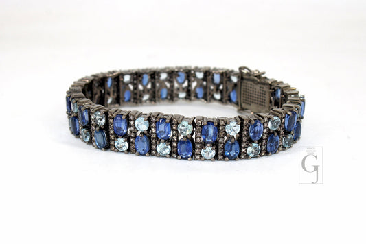 Antique Look Kyanite Bluetopaz Bracelet Jewelry Rosecut Pave Diamond Bracelet 925 Sterling Silver Handmade Finish Diamond Bangle Bracelet