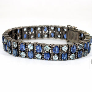 Antique Look Kyanite Bluetopaz Bracelet Jewelry Rosecut Pave Diamond Bracelet 925 Sterling Silver Handmade Finish Diamond Bangle Bracelet