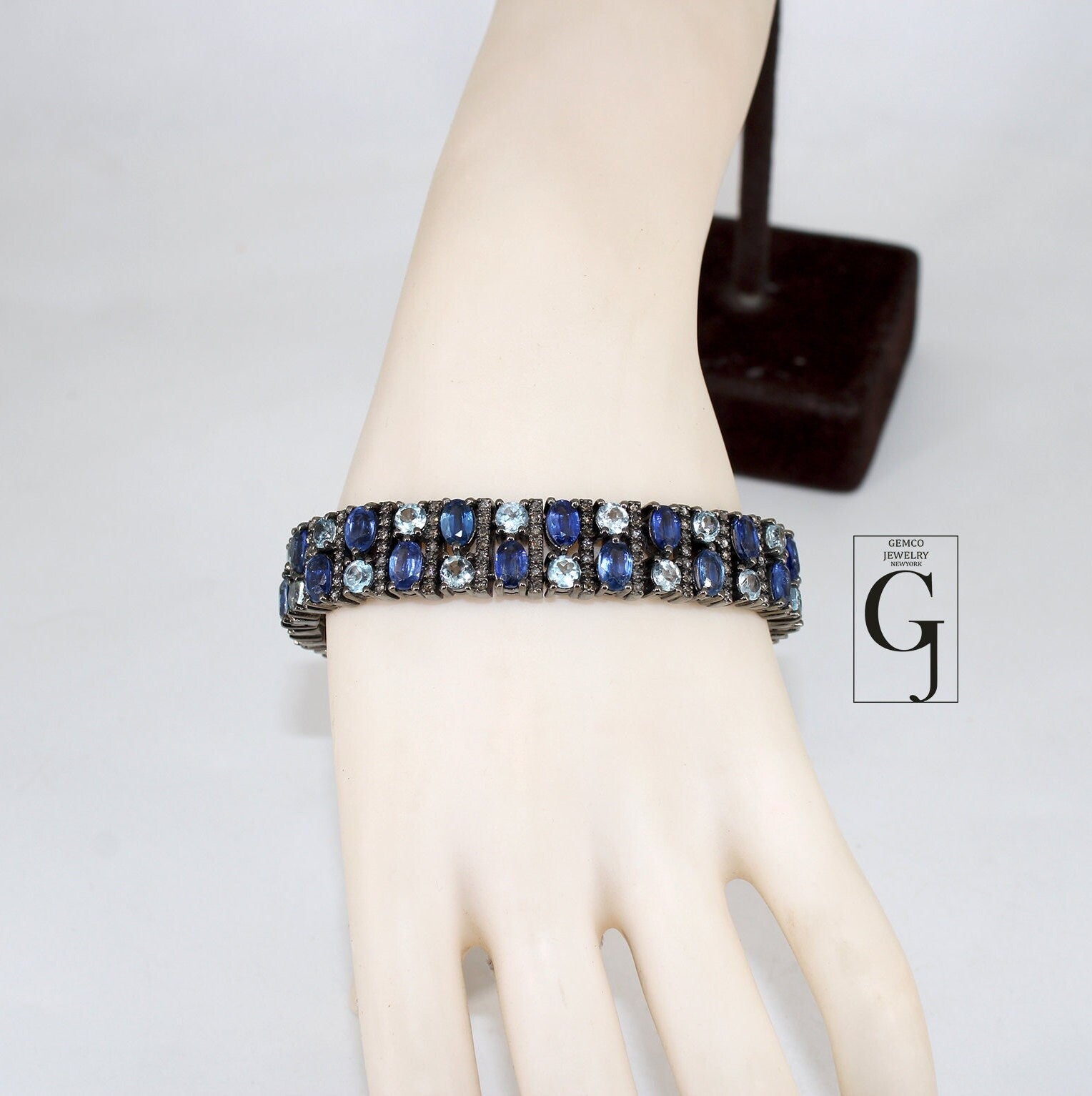 Antique Look Kyanite Bluetopaz Bracelet Jewelry Rosecut Pave Diamond Bracelet 925 Sterling Silver Handmade Finish Diamond Bangle Bracelet