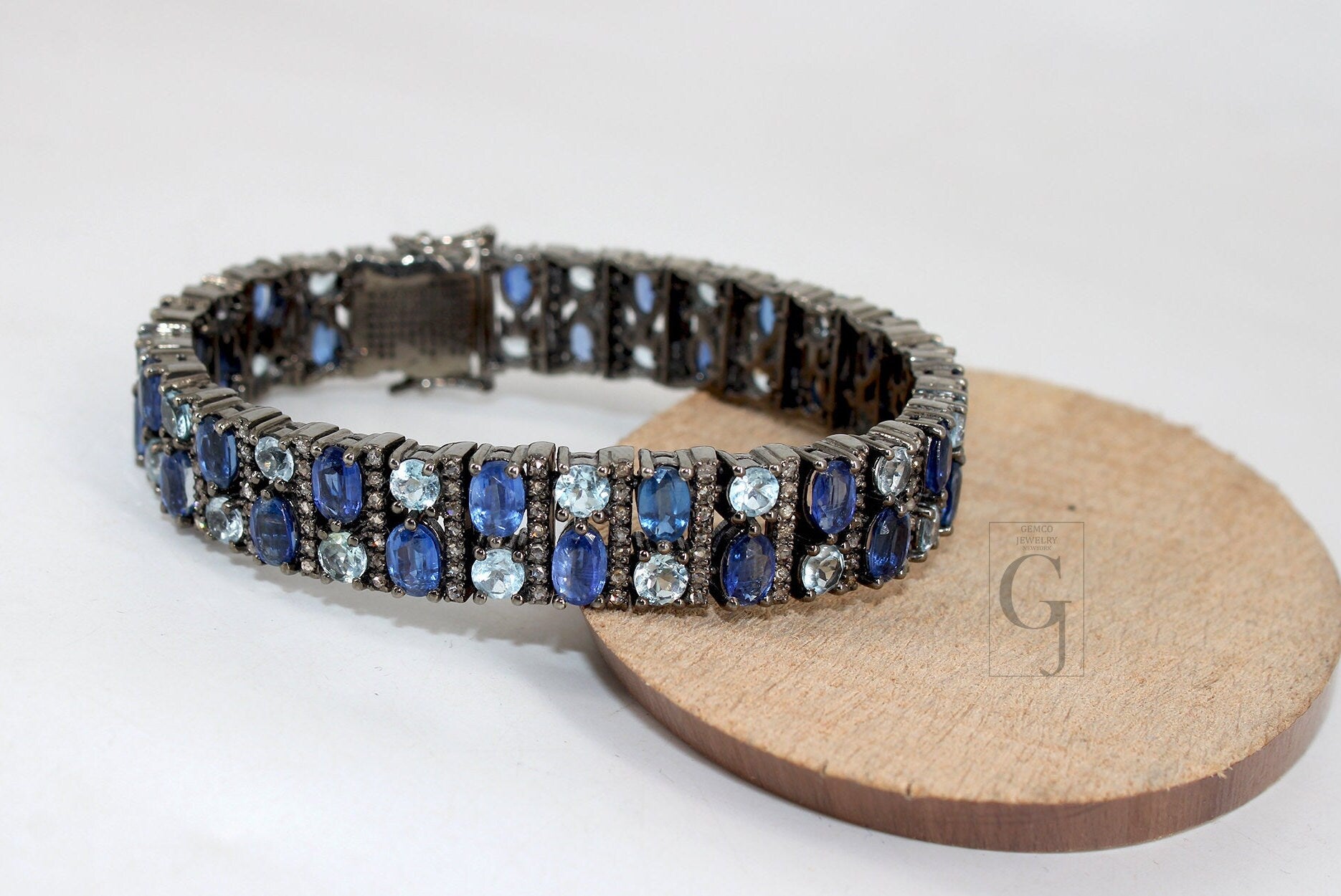 Antique Look Kyanite Bluetopaz Bracelet Jewelry Rosecut Pave Diamond Bracelet 925 Sterling Silver Handmade Finish Diamond Bangle Bracelet