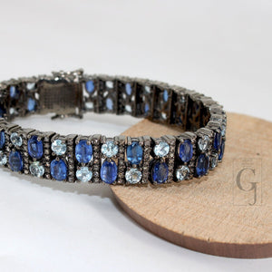 Antique Look Kyanite Bluetopaz Bracelet Jewelry Rosecut Pave Diamond Bracelet 925 Sterling Silver Handmade Finish Diamond Bangle Bracelet