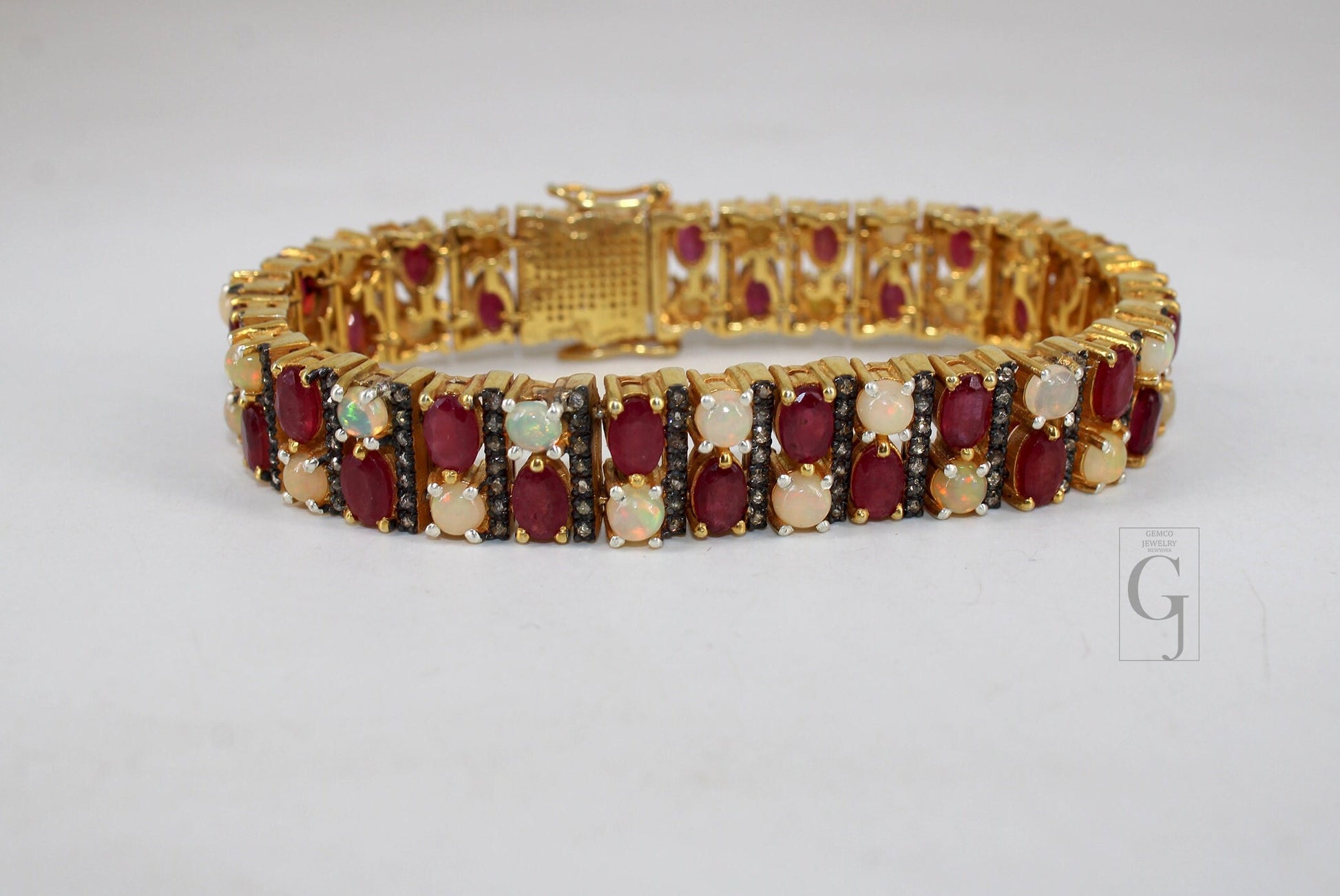 14k Gold Finish Red Ruby And Opal Bracelet Jewelry Rosecut Pave Diamond Bracelet 925 Sterling Silver Handmade Finish Diamond Bangle Bracelet