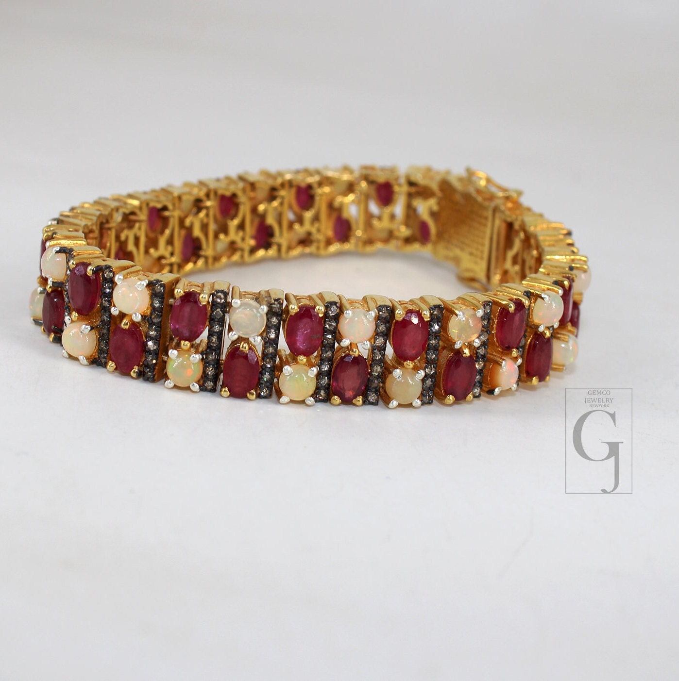 14k Gold Finish Red Ruby And Opal Bracelet Jewelry Rosecut Pave Diamond Bracelet 925 Sterling Silver Handmade Finish Diamond Bangle Bracelet