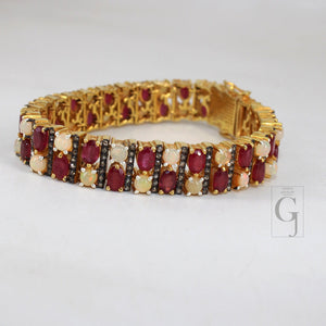 14k Gold Finish Red Ruby And Opal Bracelet Jewelry Rosecut Pave Diamond Bracelet 925 Sterling Silver Handmade Finish Diamond Bangle Bracelet