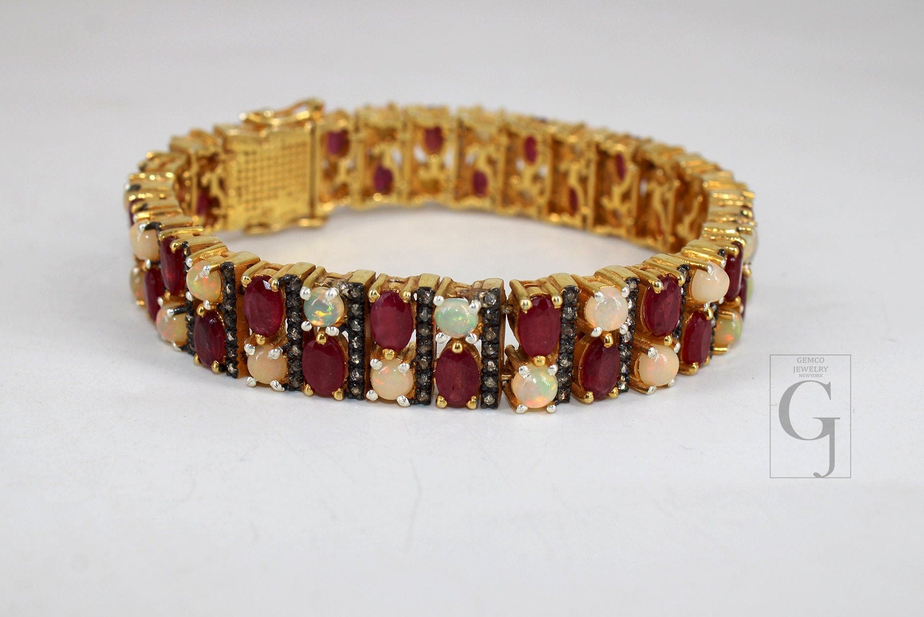 14k Gold Finish Red Ruby And Opal Bracelet Jewelry Rosecut Pave Diamond Bracelet 925 Sterling Silver Handmade Finish Diamond Bangle Bracelet