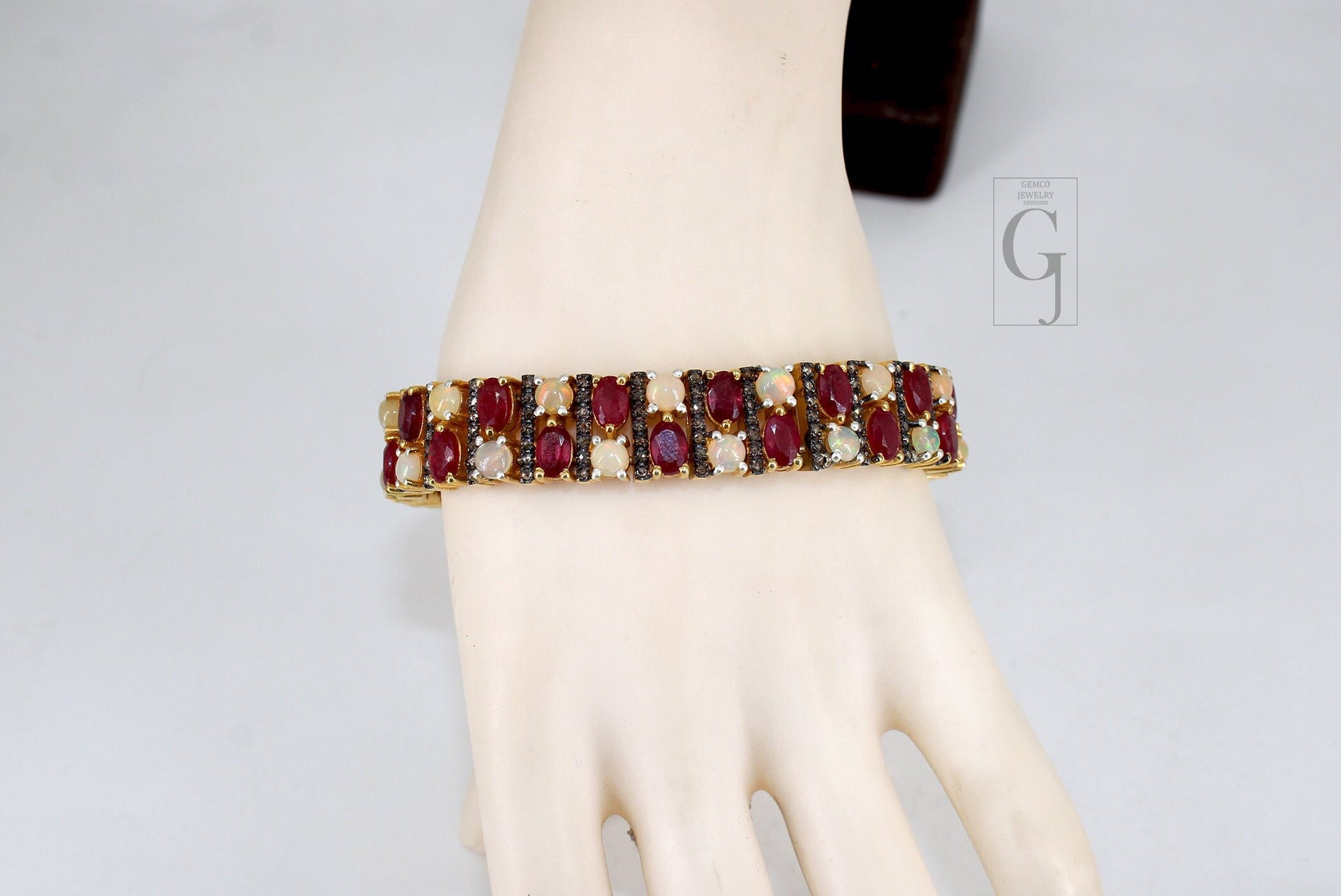 14k Gold Finish Red Ruby And Opal Bracelet Jewelry Rosecut Pave Diamond Bracelet 925 Sterling Silver Handmade Finish Diamond Bangle Bracelet