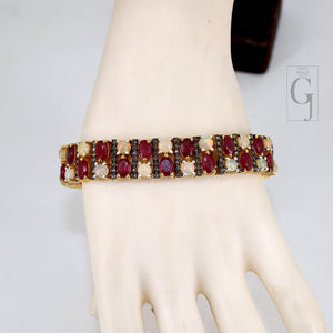 14k Gold Finish Red Ruby And Opal Bracelet Jewelry Rosecut Pave Diamond Bracelet 925 Sterling Silver Handmade Finish Diamond Bangle Bracelet