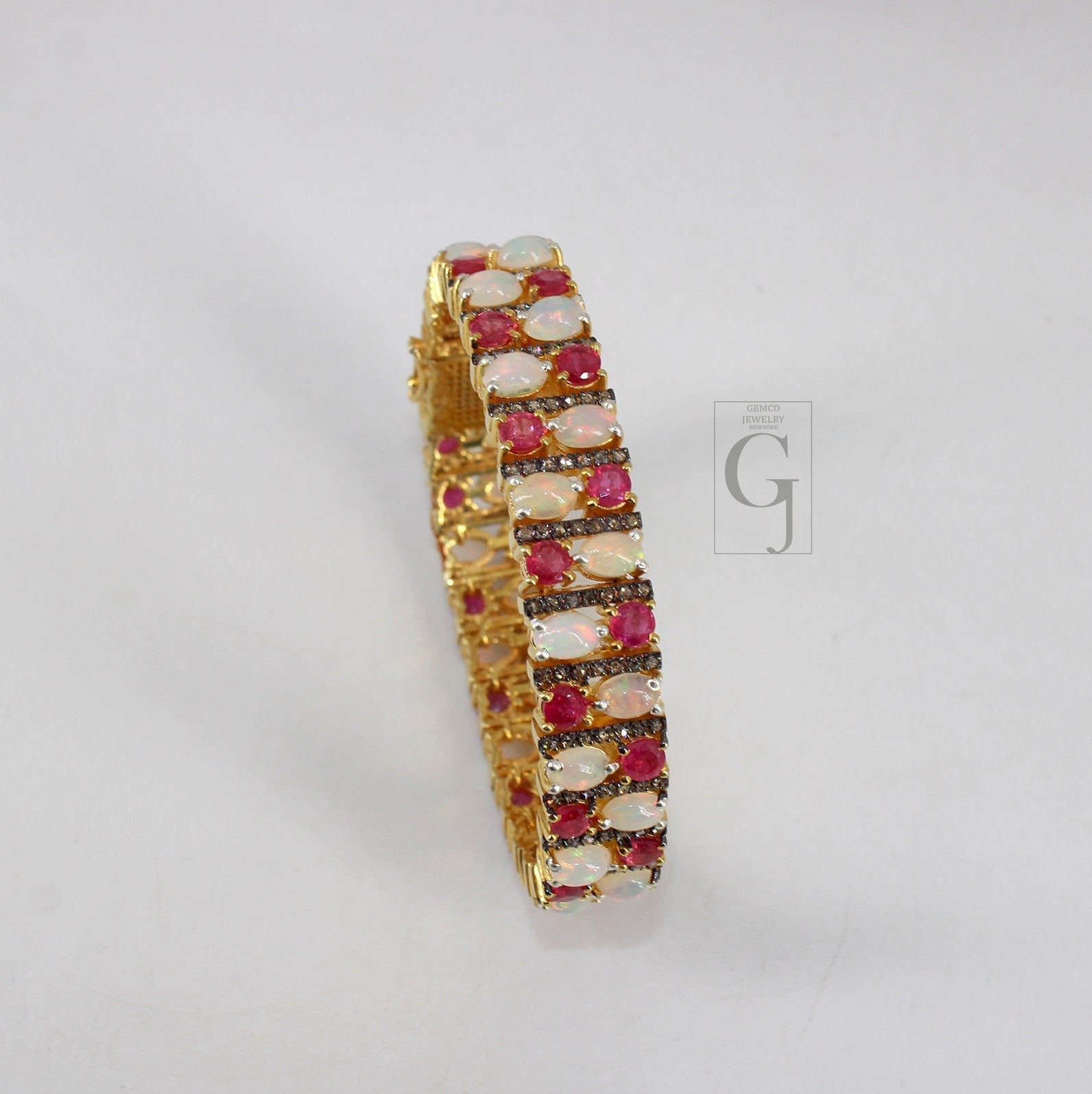 14k Gold Finish Opal And Red Ruby Bracelet Jewelry Rosecut Pave Diamond Bracelet 925 Sterling Silver Handmade Finish Diamond Bangle Bracelet