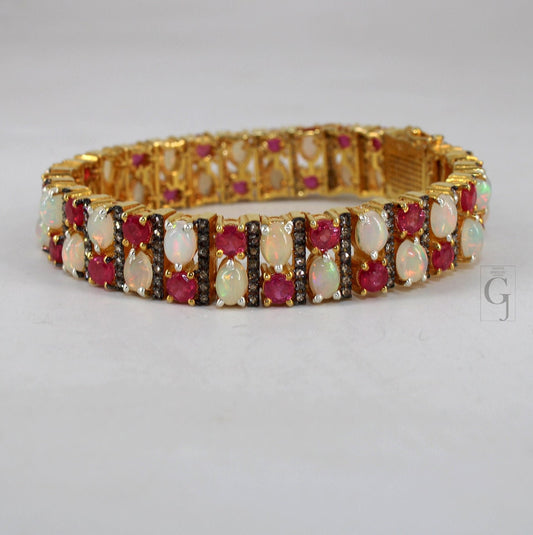 14k Gold Finish Opal And Red Ruby Bracelet Jewelry Rosecut Pave Diamond Bracelet 925 Sterling Silver Handmade Finish Diamond Bangle Bracelet