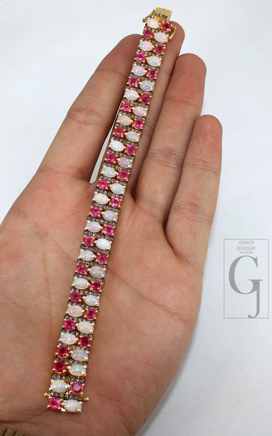 14k Gold Finish Opal And Red Ruby Bracelet Jewelry Rosecut Pave Diamond Bracelet 925 Sterling Silver Handmade Finish Diamond Bangle Bracelet
