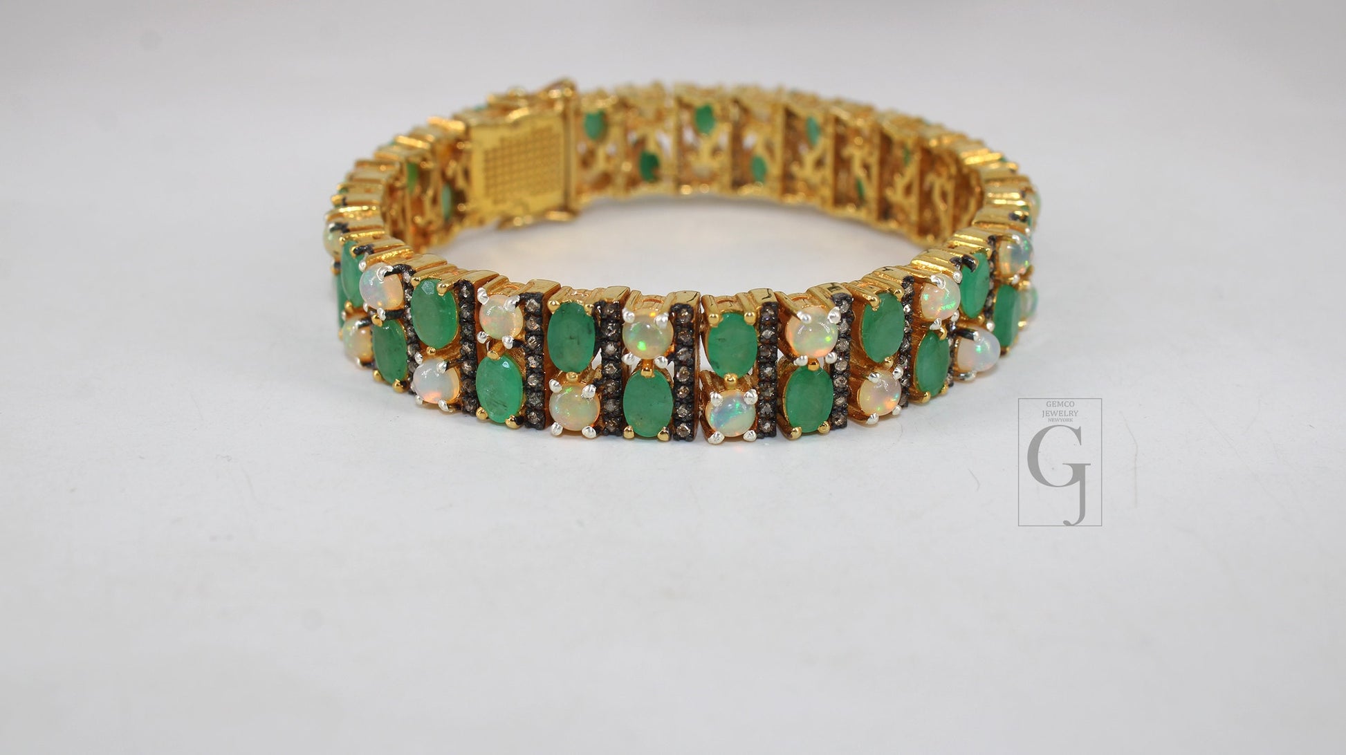 14k Gold Finish Emerald And Opal Bracelet Jewelry Rosecut Pave Diamond Bracelet 925 Sterling Silver Handmade Finish Diamond Bangle Bracelet