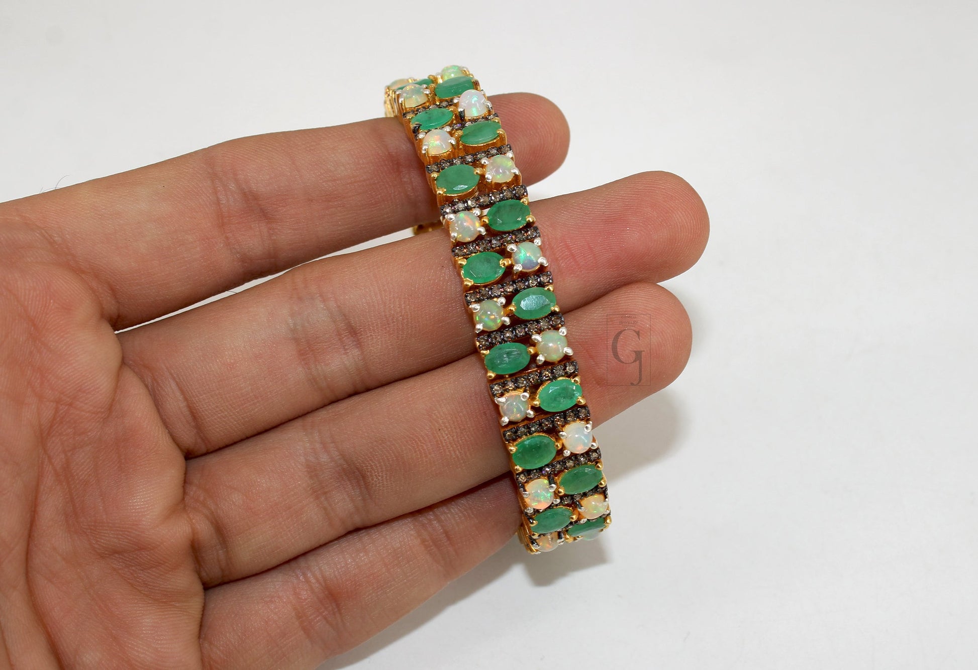 14k Gold Finish Emerald And Opal Bracelet Jewelry Rosecut Pave Diamond Bracelet 925 Sterling Silver Handmade Finish Diamond Bangle Bracelet