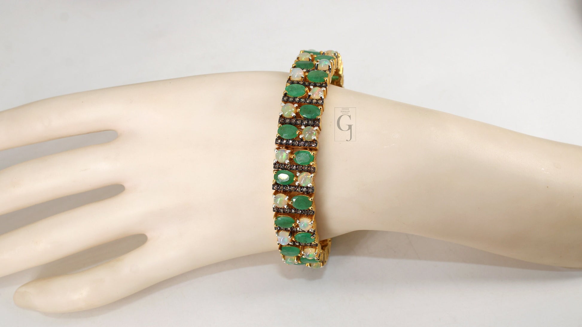 14k Gold Finish Emerald And Opal Bracelet Jewelry Rosecut Pave Diamond Bracelet 925 Sterling Silver Handmade Finish Diamond Bangle Bracelet