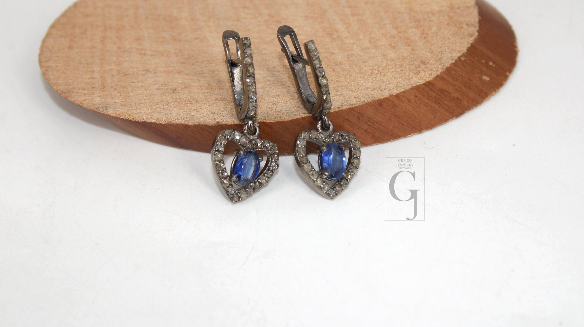 Heart shape oxidized finish kyanite ring earring jewelry set designer Rosecut pave diamond 925 sterling silver handmade silver diamond ring