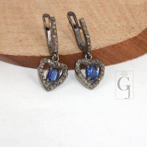 Heart shape oxidized finish kyanite ring earring jewelry set designer Rosecut pave diamond 925 sterling silver handmade silver diamond ring