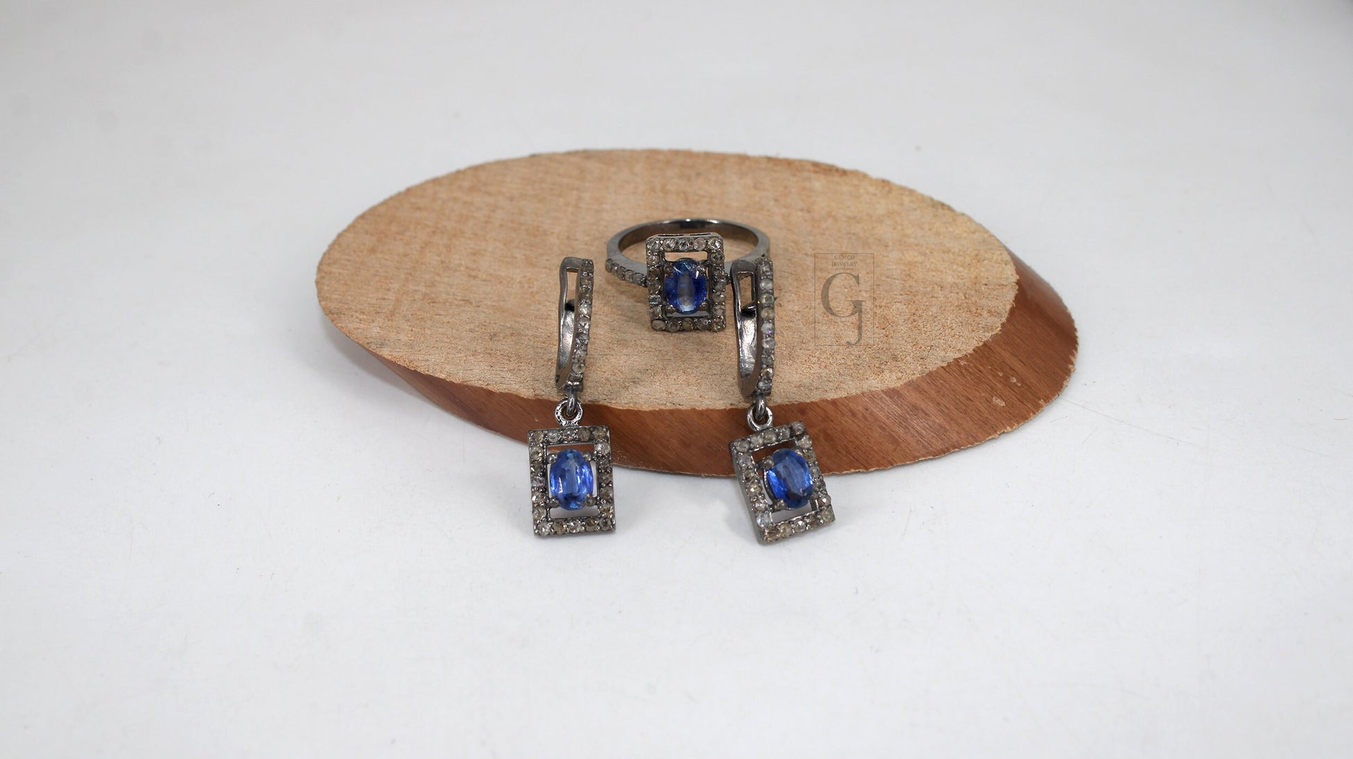 Antique Look Oxidized Finish Kyanite Ring Earring Jewelry Set Designer Rosecut Pave Diamond 925 Sterling Silver Handmade Silver Diamond Ring