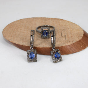 Antique Look Oxidized Finish Kyanite Ring Earring Jewelry Set Designer Rosecut Pave Diamond 925 Sterling Silver Handmade Silver Diamond Ring