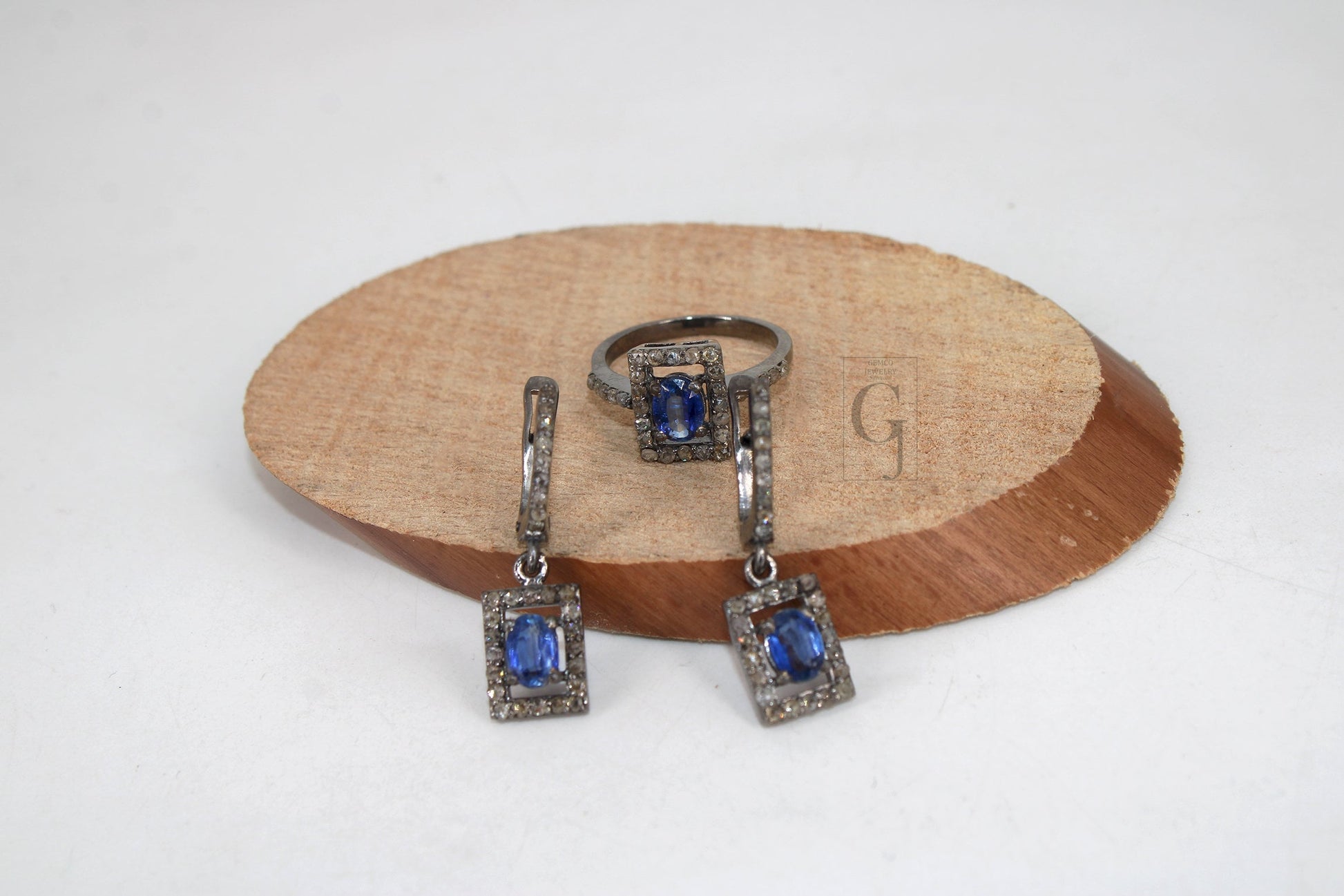 Antique Look Oxidized Finish Kyanite Ring Earring Jewelry Set Designer Rosecut Pave Diamond 925 Sterling Silver Handmade Silver Diamond Ring