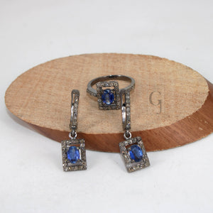 Antique Look Oxidized Finish Kyanite Ring Earring Jewelry Set Designer Rosecut Pave Diamond 925 Sterling Silver Handmade Silver Diamond Ring