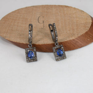 Antique Look Oxidized Finish Kyanite Ring Earring Jewelry Set Designer Rosecut Pave Diamond 925 Sterling Silver Handmade Silver Diamond Ring