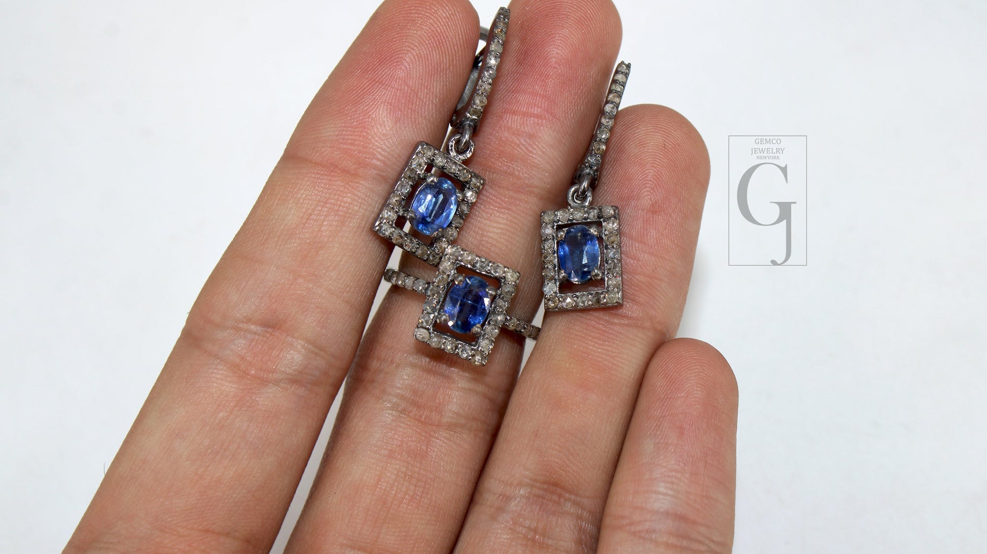 Antique Look Oxidized Finish Kyanite Ring Earring Jewelry Set Designer Rosecut Pave Diamond 925 Sterling Silver Handmade Silver Diamond Ring