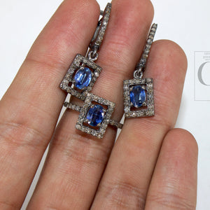 Antique Look Oxidized Finish Kyanite Ring Earring Jewelry Set Designer Rosecut Pave Diamond 925 Sterling Silver Handmade Silver Diamond Ring