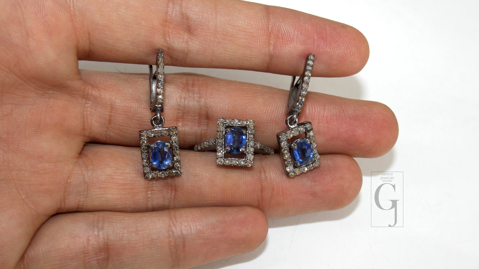 Antique Look Oxidized Finish Kyanite Ring Earring Jewelry Set Designer Rosecut Pave Diamond 925 Sterling Silver Handmade Silver Diamond Ring