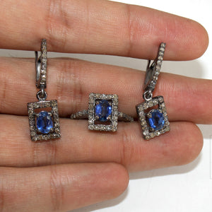 Antique Look Oxidized Finish Kyanite Ring Earring Jewelry Set Designer Rosecut Pave Diamond 925 Sterling Silver Handmade Silver Diamond Ring