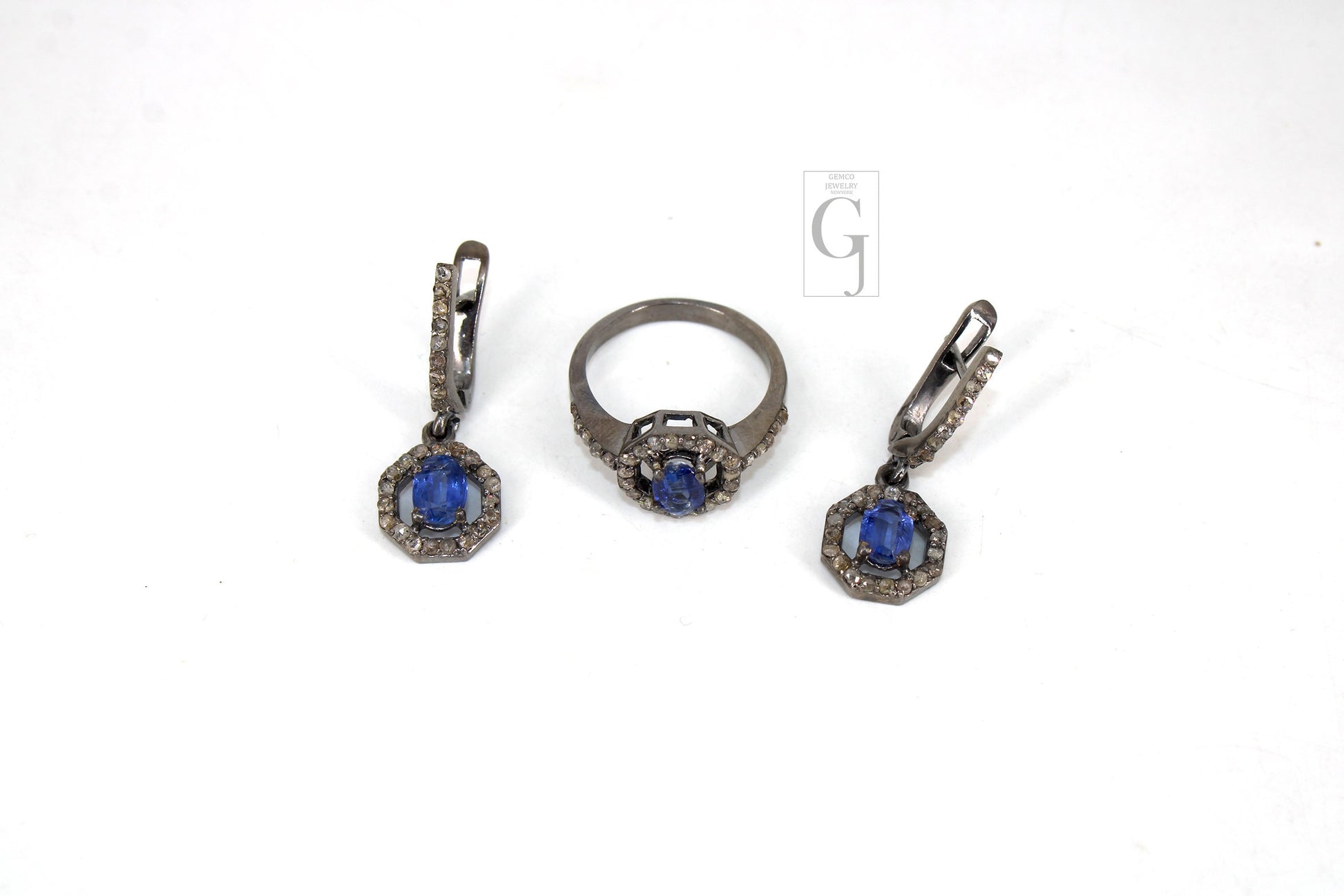 Antique Look Oxidized Finish Kyanite Ring Earring Jewelry Set Designer Rosecut Pave Diamond 925 Sterling Silver Handmade Silver Diamond Ring