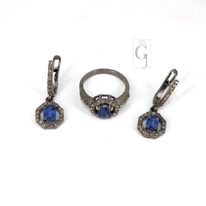 Antique Look Oxidized Finish Kyanite Ring Earring Jewelry Set Designer Rosecut Pave Diamond 925 Sterling Silver Handmade Silver Diamond Ring