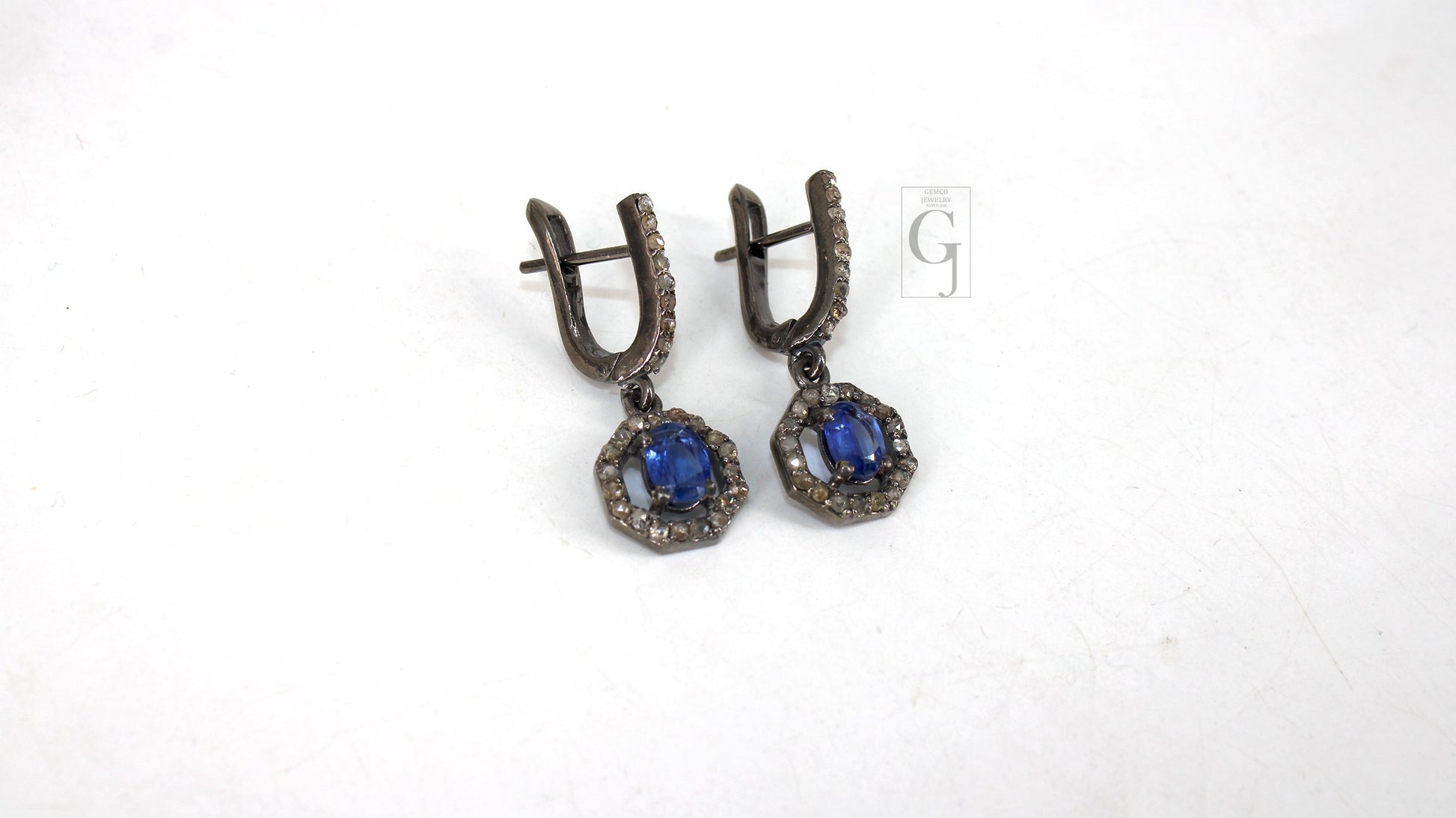 Antique Look Oxidized Finish Kyanite Ring Earring Jewelry Set Designer Rosecut Pave Diamond 925 Sterling Silver Handmade Silver Diamond Ring