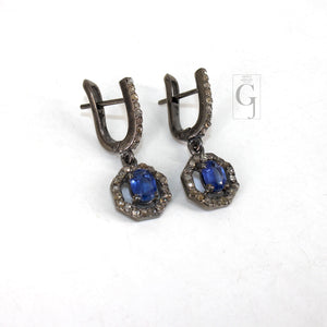 Antique Look Oxidized Finish Kyanite Ring Earring Jewelry Set Designer Rosecut Pave Diamond 925 Sterling Silver Handmade Silver Diamond Ring