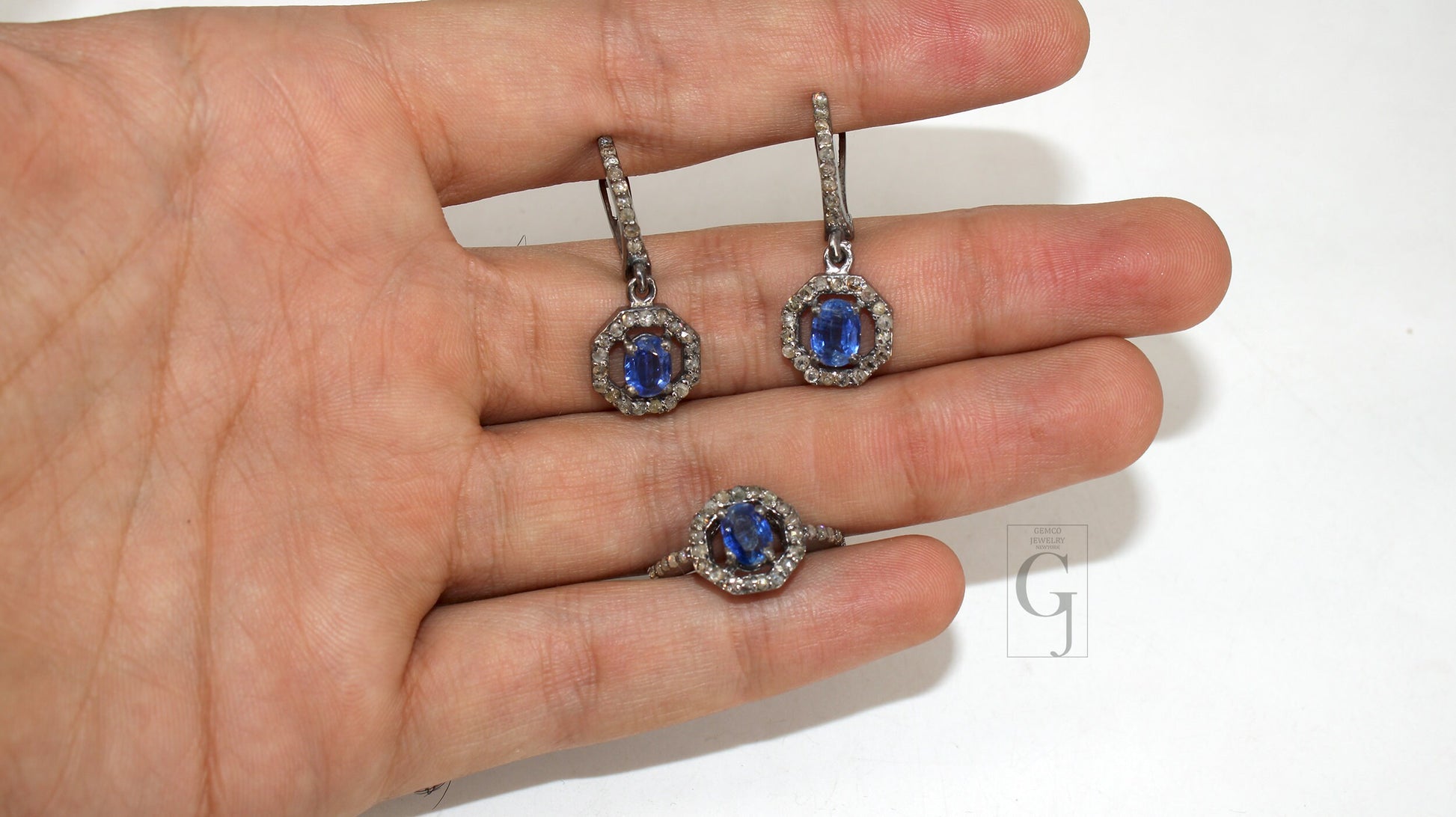 Antique Look Oxidized Finish Kyanite Ring Earring Jewelry Set Designer Rosecut Pave Diamond 925 Sterling Silver Handmade Silver Diamond Ring