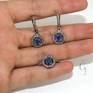 Antique Look Oxidized Finish Kyanite Ring Earring Jewelry Set Designer Rosecut Pave Diamond 925 Sterling Silver Handmade Silver Diamond Ring