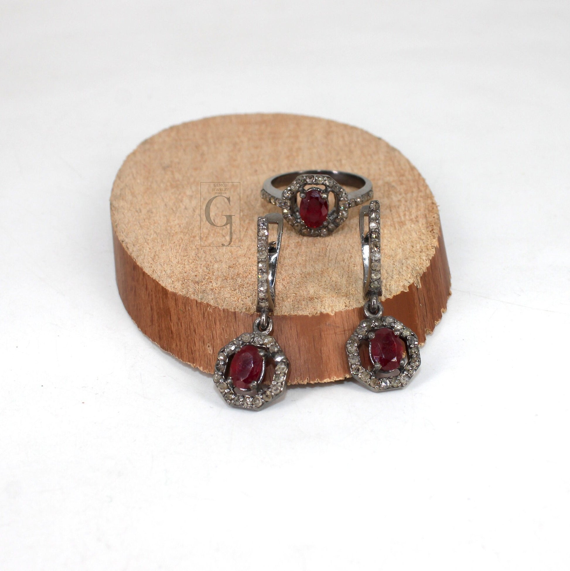 Antique Look Oxidized Finish Red Ruby Ring Earring Jewelry Set Designer Rosecut Pave Diamond 925 Sterling Silver Handmade Diamond Ring