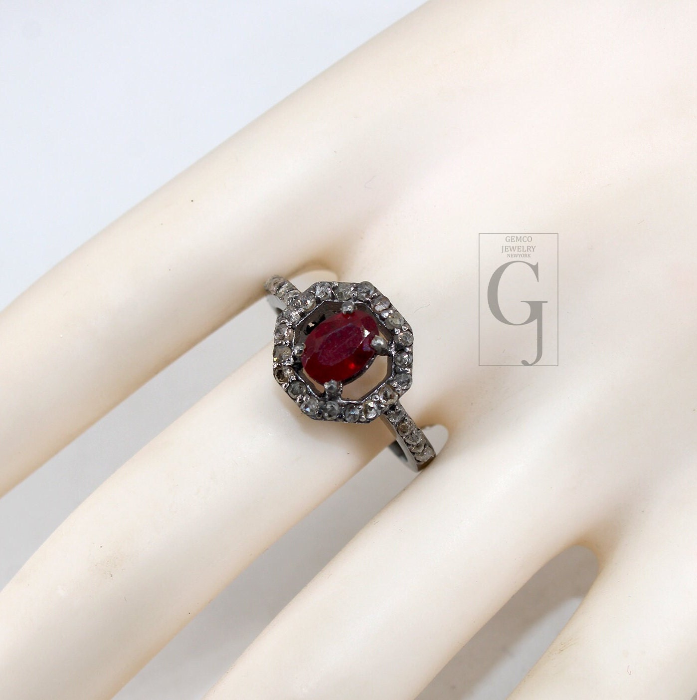 Antique Look Oxidized Finish Red Ruby Ring Earring Jewelry Set Designer Rosecut Pave Diamond 925 Sterling Silver Handmade Diamond Ring