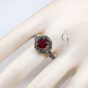 Antique Look Oxidized Finish Red Ruby Ring Earring Jewelry Set Designer Rosecut Pave Diamond 925 Sterling Silver Handmade Diamond Ring