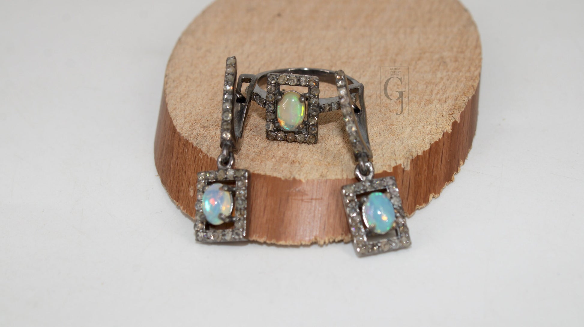 Antique Look Oxidized Finish Fire Opal Ring Earring Jewelry Set Designer Rosecut Pave Diamond 925 Sterling Silver Handmade Diamond Opal Ring