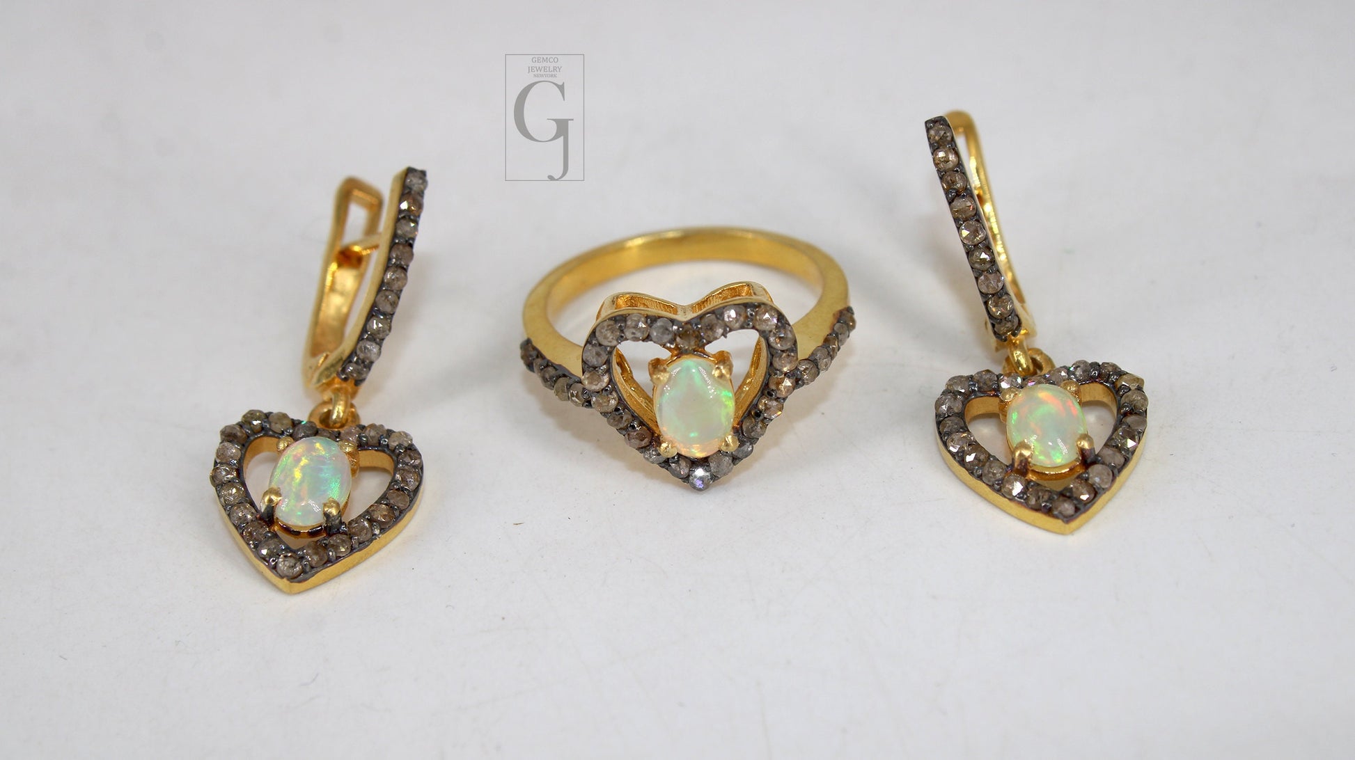 Heart Shape 14k Gold Finish Fire Opal Ring Earring Jewelry Set Designer Rosecut Pave Diamond 925 Sterling Silver Handmade Diamond Opal Ring