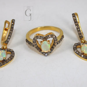 Heart Shape 14k Gold Finish Fire Opal Ring Earring Jewelry Set Designer Rosecut Pave Diamond 925 Sterling Silver Handmade Diamond Opal Ring