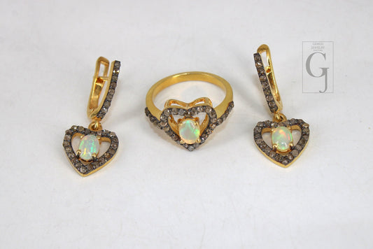 Heart Shape 14k Gold Finish Fire Opal Ring Earring Jewelry Set Designer Rosecut Pave Diamond 925 Sterling Silver Handmade Diamond Opal Ring