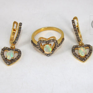 Heart Shape 14k Gold Finish Fire Opal Ring Earring Jewelry Set Designer Rosecut Pave Diamond 925 Sterling Silver Handmade Diamond Opal Ring