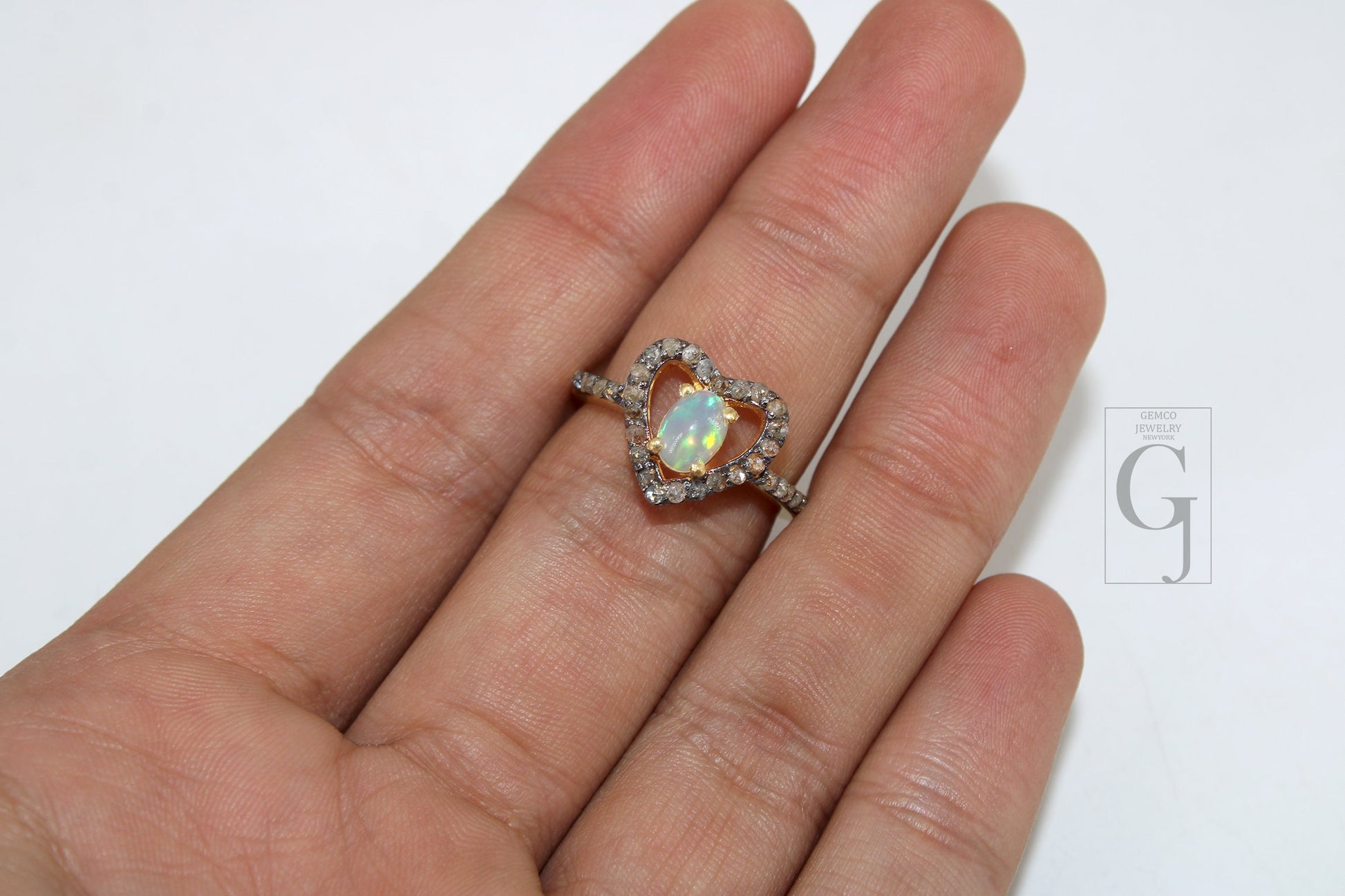 Heart Shape 14k Gold Finish Fire Opal Ring Earring Jewelry Set Designer Rosecut Pave Diamond 925 Sterling Silver Handmade Diamond Opal Ring