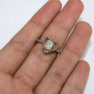 Heart Shape 14k Gold Finish Fire Opal Ring Earring Jewelry Set Designer Rosecut Pave Diamond 925 Sterling Silver Handmade Diamond Opal Ring