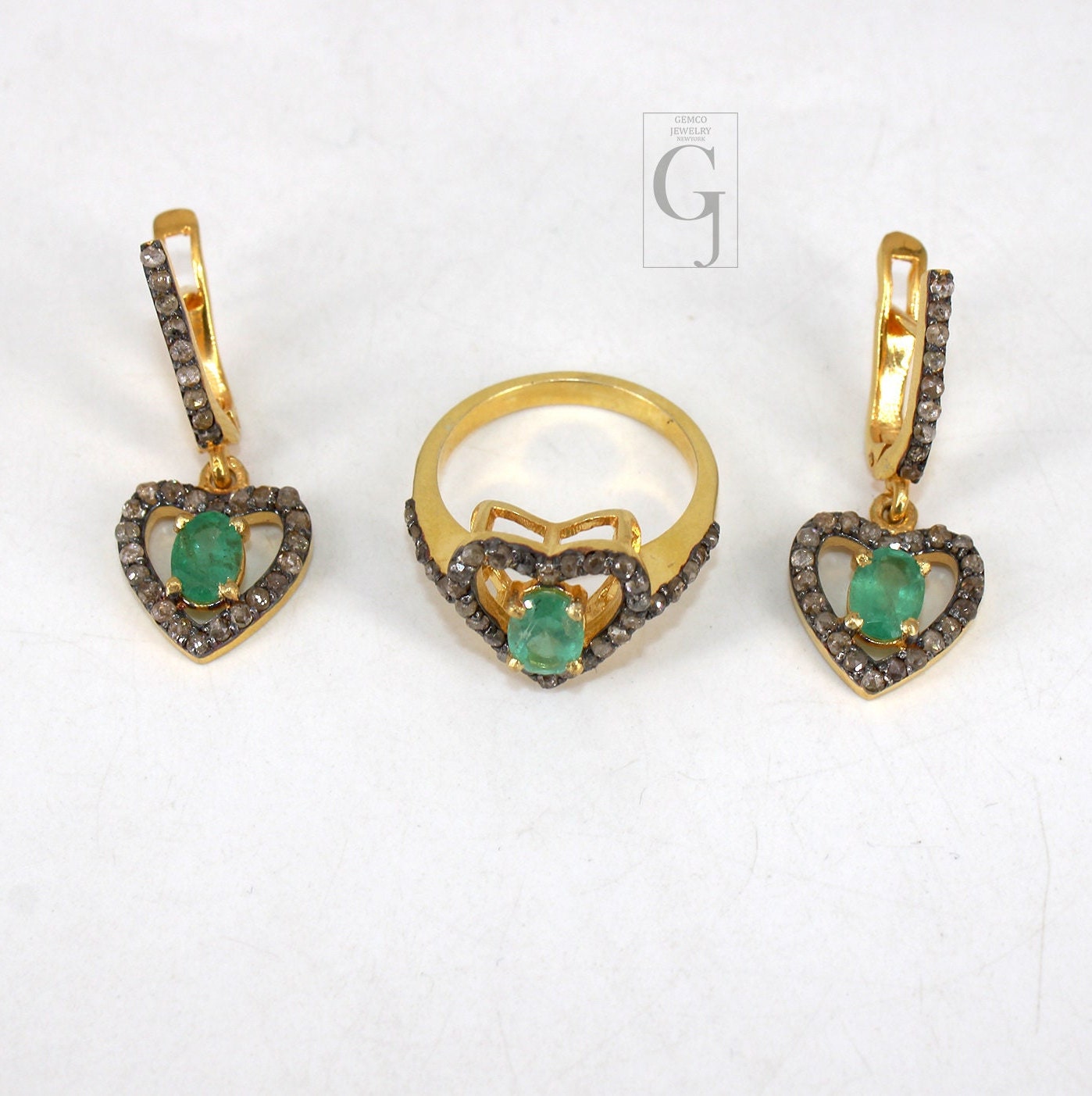 Heart Shape 14k Gold Finish Emerald Ring Earring Jewelry Set Designer Rosecut Pave Diamond 925 Sterling Silver Handmade Diamond Opal Ring