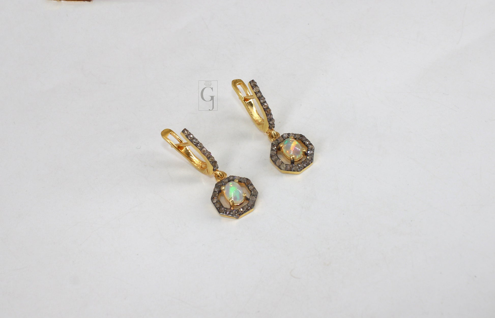 14k Gold Finish Fire Opal Ring Earring Jewelry Set Designer Rosecut Pave Diamond 925 Sterling Silver Handmade Diamond Opal Ring