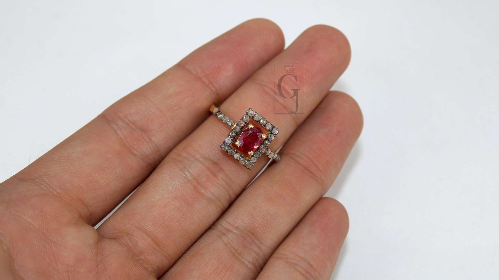 14k Gold Look Finish Red Ruby Ring Earring Jewelry Set Designer Rosecut Pave Diamond 925 Sterling Silver Handmade Diamond Ring