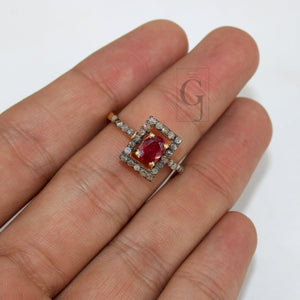 14k Gold Look Finish Red Ruby Ring Earring Jewelry Set Designer Rosecut Pave Diamond 925 Sterling Silver Handmade Diamond Ring