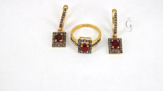 14k Gold Look Finish Red Ruby Ring Earring Jewelry Set Designer Rosecut Pave Diamond 925 Sterling Silver Handmade Diamond Ring